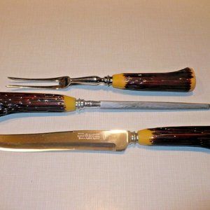 Vintage 3 piece Set signed King Karver Carving Knife Fork Sharpener Set England